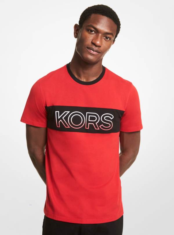 Panske Tricko Michael Kors Ombré Logo Stripe Cotton Jersey Červené - Oblecenie Michael Kors Slevy | HIFBA-8692
